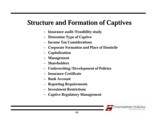 Structure and Formation of Captives
     –   Insurance audit/Feasibility study
     –   Determine Type of Captive
     –   Income Tax Considerations
     –   Corporate Formation and Place of Domicile
     –   Capitalization
     –   Management
     –   Shareholders
     –   Underwriting/Development of Policies
     –   Insurance Certificate
     –   Bank Account
     –   Reporting Requirements
     –   Investment Restrictions
     –   Captive Regulatory Management


                                                     22
                        -22-
 
