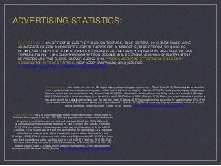 ADVERTISING STATISTICS:
PAY PER CLICK: 49% OF PEOPLE SAID THEY CLICK ON TEXT ADS. (BLUE CORONA, 2019) BUSINESSES MAKE
AN A...