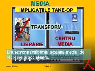 IMPLICA ŢIILE TAKE-OP MEDIA TRANSFORM LIBRĂRIE CENTR U MEDIA Nu vor mai fi  librăriile actuale . Ele se vor transforma în centre media, de recreere şi  socializare. Take-op Mircea Bătrânu 