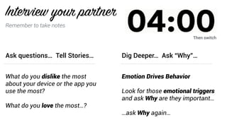 Ask questions… Tell Stories…
Then switch
Interview your partner
What do you dislike the most
about your device or the app you
use the most?
What do you love the most…?
Remember to take notes
Dig Deeper… Ask “Why”…
Emotion Drives Behavior
Look for those emotional triggers
and ask Why are they important…
…ask Why again…
 