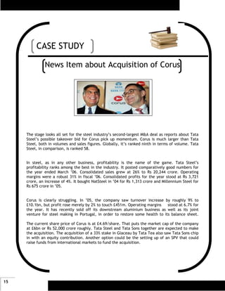 CASE STUDY

               News Item about Acquisition of Corus




     The stage looks all set for the steel industry’s second-largest M&A deal as reports about Tata
     Steel’s possible takeover bid for Corus pick up momentum. Corus is much larger than Tata
     Steel, both in volumes and sales figures. Globally, it’s ranked ninth in terms of volume. Tata
     Steel, in comparison, is ranked 58.


     In steel, as in any other business, profitability is the name of the game. Tata Steel’s
     profitability ranks among the best in the industry. It posted comparatively good numbers for
     the year ended March ’06. Consolidated sales grew at 26% to Rs 20,244 crore. Operating
     margins were a robust 31% in fiscal ’06. Consolidated profits for the year stood at Rs 3,721
     crore, an increase of 4%. It bought NatSteel in ’04 for Rs 1,313 crore and Millennium Steel for
     Rs 675 crore in ’05.


     Corus is clearly struggling. In ’05, the company saw turnover increase by roughly 9% to
     £10.1bn, but profit rose merely by 2% to touch £451m. Operating margins    stood at 6.7% for
     the year. It has recently sold off its downstream aluminium business as well as its joint
     venture for steel making in Portugal, in order to restore some health to its balance sheet.

     The current share price of Corus is at £4.69/share. That puts the market cap of the company
     at £6bn or Rs 52,000 crore roughly. Tata Steel and Tata Sons together are expected to make
     the acquisition. The acquisition of a 33% stake in Glaceau by Tata Tea also saw Tata Sons chip
     in with an equity contribution. Another option could be the setting up of an SPV that could
     raise funds from international markets to fund the acquisition.




15
 