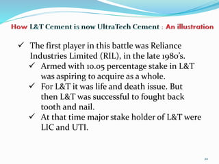 20 
 The first player in this battle was Reliance 
Industries Limited (RIL), in the late 1980’s. 
 Armed with 10.05 percentage stake in L&T 
was aspiring to acquire as a whole. 
 For L&T it was life and death issue. But 
then L&T was successful to fought back 
tooth and nail. 
 At that time major stake holder of L&T were 
LIC and UTI. 
 