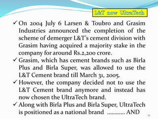 25 
 On 2004 July 6 Larsen & Toubro and Grasim 
Industries announced the completion of the 
scheme of demerger L&T’s cement division with 
Grasim having acquired a majority stake in the 
company for around Rs.2,200 crore. 
 Grasim, which has cement brands such as Birla 
Plus and Birla Super, was allowed to use the 
L&T Cement brand till March 31, 2005. 
However, the company decided not to use the 
L&T Cement brand anymore and instead has 
now chosen the UltraTech brand. 
 Along with Birla Plus and Birla Super, UltraTech 
is positioned as a national brand ………… AND 
 