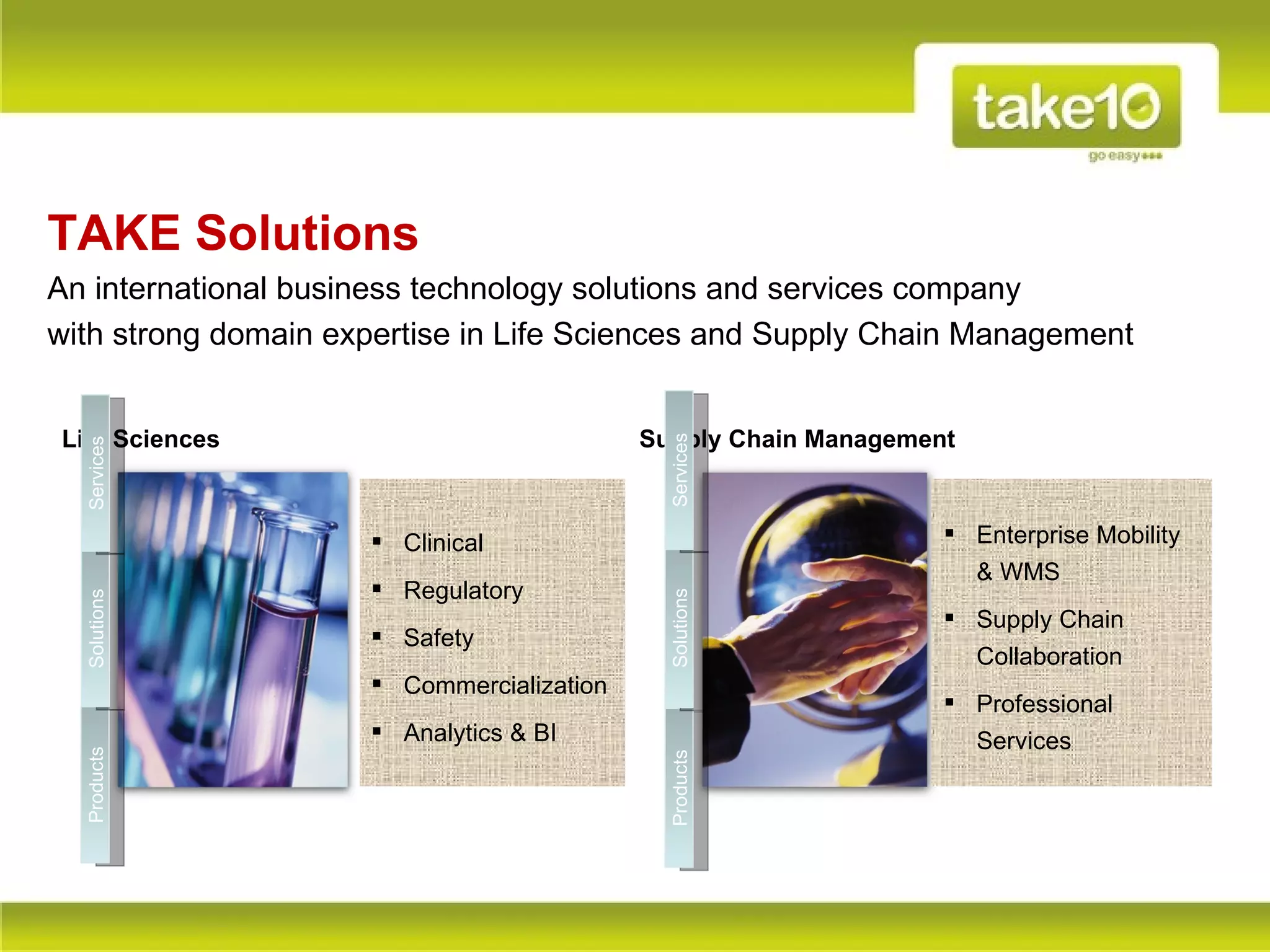 TAKE Solutions
An international business technology solutions and services company
with strong domain expertise in Life Sciences and Supply Chain Management


Life Sciences                              Supply Chain Management




                                             Services
  Services




                      Clinical                                   Enterprise Mobility
                                                                   & WMS
                      Regulatory


                                             Solutions
  Solutions




                                                                  Supply Chain
                      Safety
                                                                   Collaboration
                      Commercialization
                                                                  Professional
                      Analytics & BI                              Services
  Products




                                             Products
 