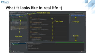 What it looks like in real life :)
Test cases Coverage
Success
Production code
Test code
 