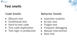 Test smells
● Obscure test
● Conditional test
● Hard-to-test code
● Test code duplication
● Test logic in production
● Assertion roulette
● Erratic test
● Fragile test
● Frequent debugging
● Manual intervention
● Slow test
Code Smells Behavior Smells
 