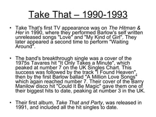 Take That – 1990-1993 Take That's first TV appearance was on  The Hitman & Her  in 1990, where they performed Barlow's self written unreleased songs "Love" and "My Kind of Girl". They later appeared a second time to perform "Waiting Around".  The band's breakthrough single was a cover of the 1975s Tavares hit "It Only Takes a Minute", which peaked at number 7 on the UK Singles Chart. This success was followed by the track "I Found Heaven", then by the first Barlow ballad "A Million Love Songs" which again reached number 7. Their cover of the Barry Manilow disco hit "Could It Be Magic" gave them one of their biggest hits to date, peaking at number 3 in the UK.  Their first album,  Take That and Party , was released in 1991, and included all the hit singles to date. 