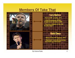 Members Of Take That

                           • Born on 20th January, 1971
                           • Voted the greatest British
                           songwriter of all time in 2009
                           • Five-time recipient of the Ivor
                           Novello Award




                            • Born on the 27th January, 1972
                            • Released 3 solo albums during
                            the break up of the band.




       By Victoria Poole                                       2
 