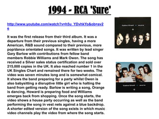 1994 - RCA 'Sure'http://www.youtube.com/watch?v=h5u_YDvhkYo&ob=av2eIt was the first release from their third album.It was a departure from their previous singles, having a more American, R&B sound compared to their previous, more pop/dance orientated songs. It was written by lead singer Gary Barlow with contributions from fellow band members Robbie Williams and Mark Owen. The song has received a Silver sales status certification and sold over 215,000 copies in the UK. It also reached number 1 in the UK Singles Chart and remained there for two weeks. The video was seven minutes long and is somewhat comical. It shows the band preparing for a party whilst Owen is also babysitting a disruptive little girl who is halting the band from getting ready. Barlow is writing a song, Orange is dancing, Howard is preparing food and Williams emerges back from shopping. Once the song starts, the video shows a house party occurring as well as the band performing the song in vest nets against a blue backdrop.A shorter edited version of the song exists in which music video channels play the video from where the song starts.