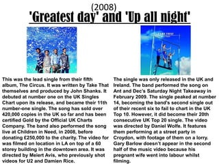 'Greatest day' and 'Up all night'(2008)This was the lead single from their fifth album, The Circus. It was written by Take That themselves and produced by John Shanks. It debuted at number one on the UK Singles Chart upon its release, and became their 11th number-one single. The song has sold over 420,000 copies in the UK so far and has been certified Gold by the Official UK Charts Company. The band also performed the song live at Children in Need, in 2008, before donating £250,000 to the charity.The video for was filmed on location in LA on top of a 60 storey building in the downtown area. It was directed by Meiert Avis, who previously shot videos for U2 and Damien Rice.The single was only released in the UK and Ireland. The band performed the song on Ant and Dec’s Saturday Night Takeaway in February 2009. The single peaked at number 14, becoming the band's second single out of their recent six to fail to chart in the UK Top 10. However, it did become their 20th consecutive UK Top 20 single. The video was directed by Daniel Wolfe. It features them performing at a street party in Croydon, with footage of them on a lorry. Gary Barlow doesn’t appear in the second half of the music video because his pregnant wife went into labour whilst filming.