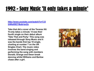 1992 - Sony Music 'It only takes a minute'http://www.youtube.com/watch?v=7J3U4Ke0SCY&ob=av2nTake that did a cover of the Tavares Hit 'It only takes a minute.' It was their fourth single on their debut album 'Take That and Party.' This song was released through Sony Music and it was the bands first top 10 single, charting at number 7 on the UK Singles Chart. The music video involves the band singing and performing the song with members Donald, Orange and Owen break dancing whilst Williams and Barlow chase after a girl.