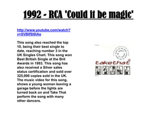 1992 - RCA 'Could it be magic'http://www.youtube.com/watch?v=SVBIfSt0lAoThis song also reached the top 10, being their best single to date, reaching number 3 in the UK Singles Chart. This song won Best British Single at the Brit Awards in 1993. This song has also received a Silver sales status certification and sold over 325,000 copies sold in the UK. The music video for this song, shows a young woman leaving a garage before the lights are turned back on and Take That perform the song with many other dancers.