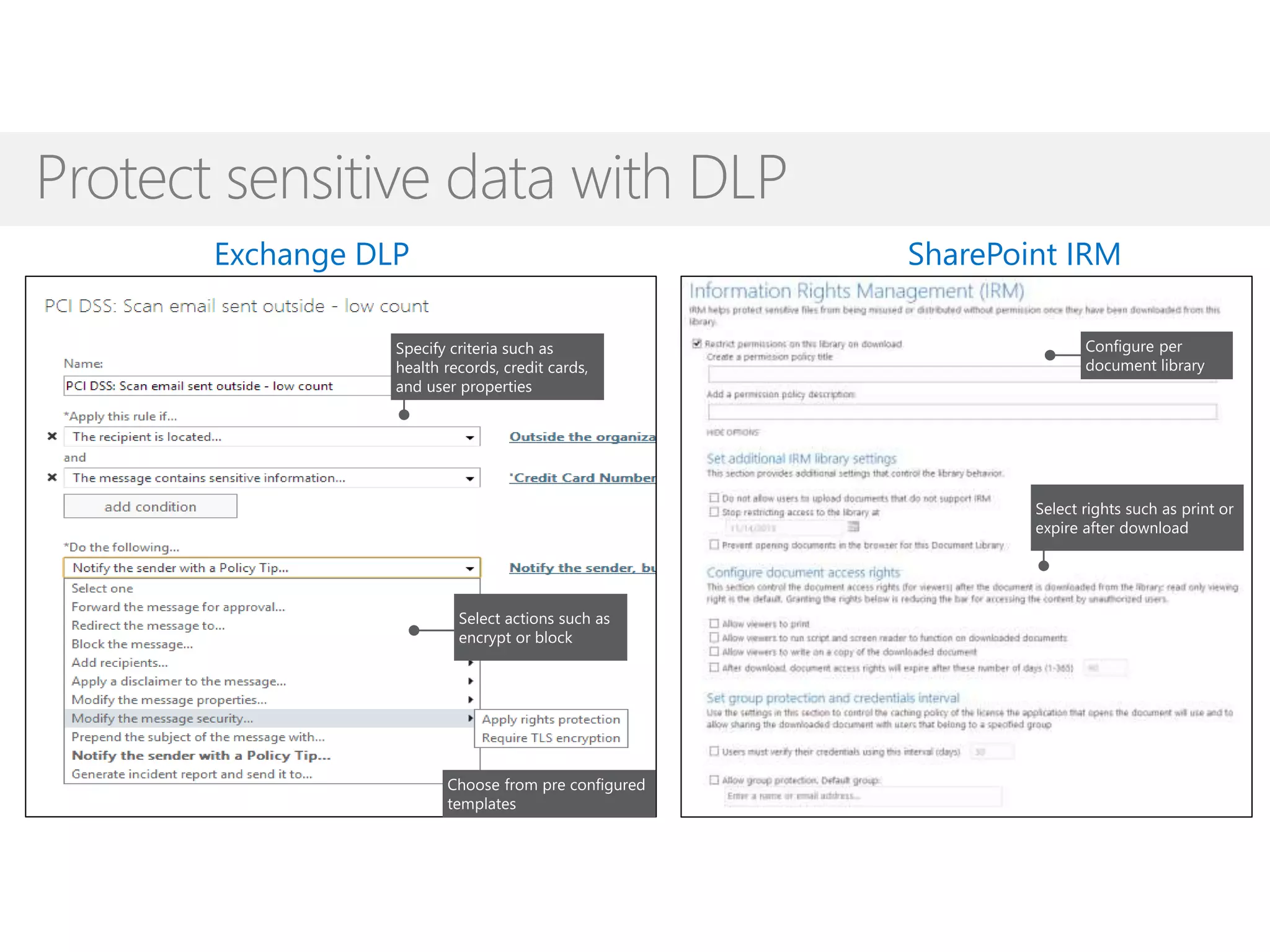 Protect sensitive data with DLP
Exchange DLP SharePoint IRM
 