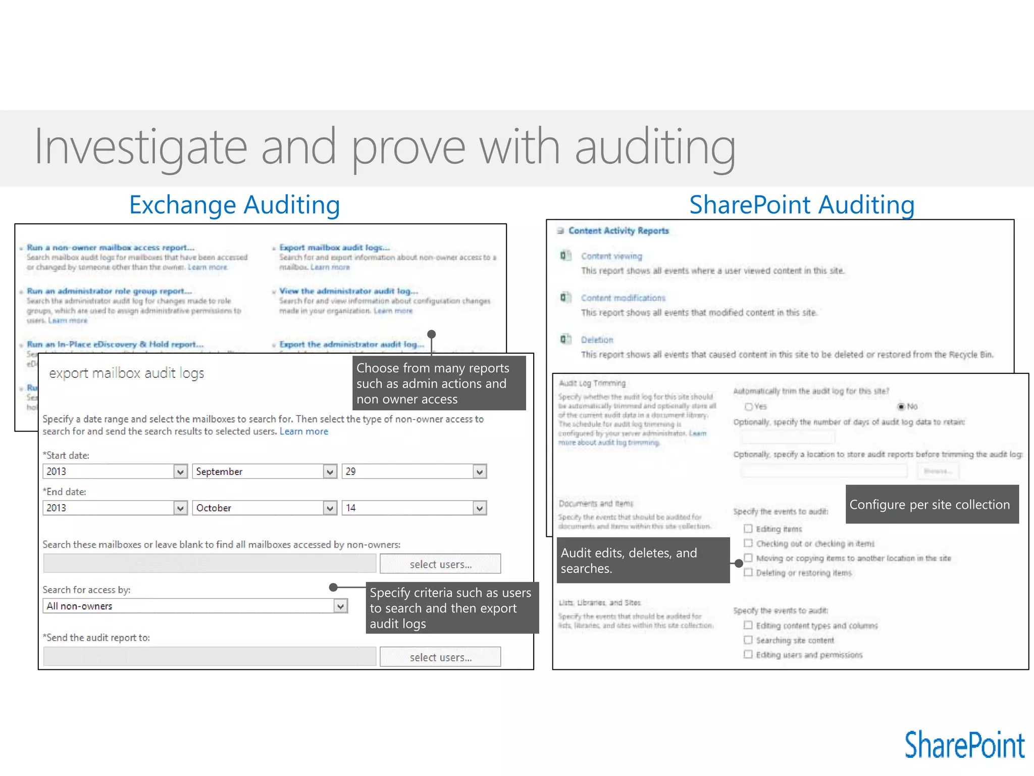 Investigate and prove with auditing
Exchange Auditing SharePoint Auditing
 