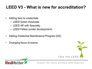 LEED V3 - What is new for accreditation?  Adding tiers to credentials LEED Green AssociateLEED AP with SpecialtyLEED Fellow (under development)Adding Credential Maintenance Program (CE) Changing focus of exams 