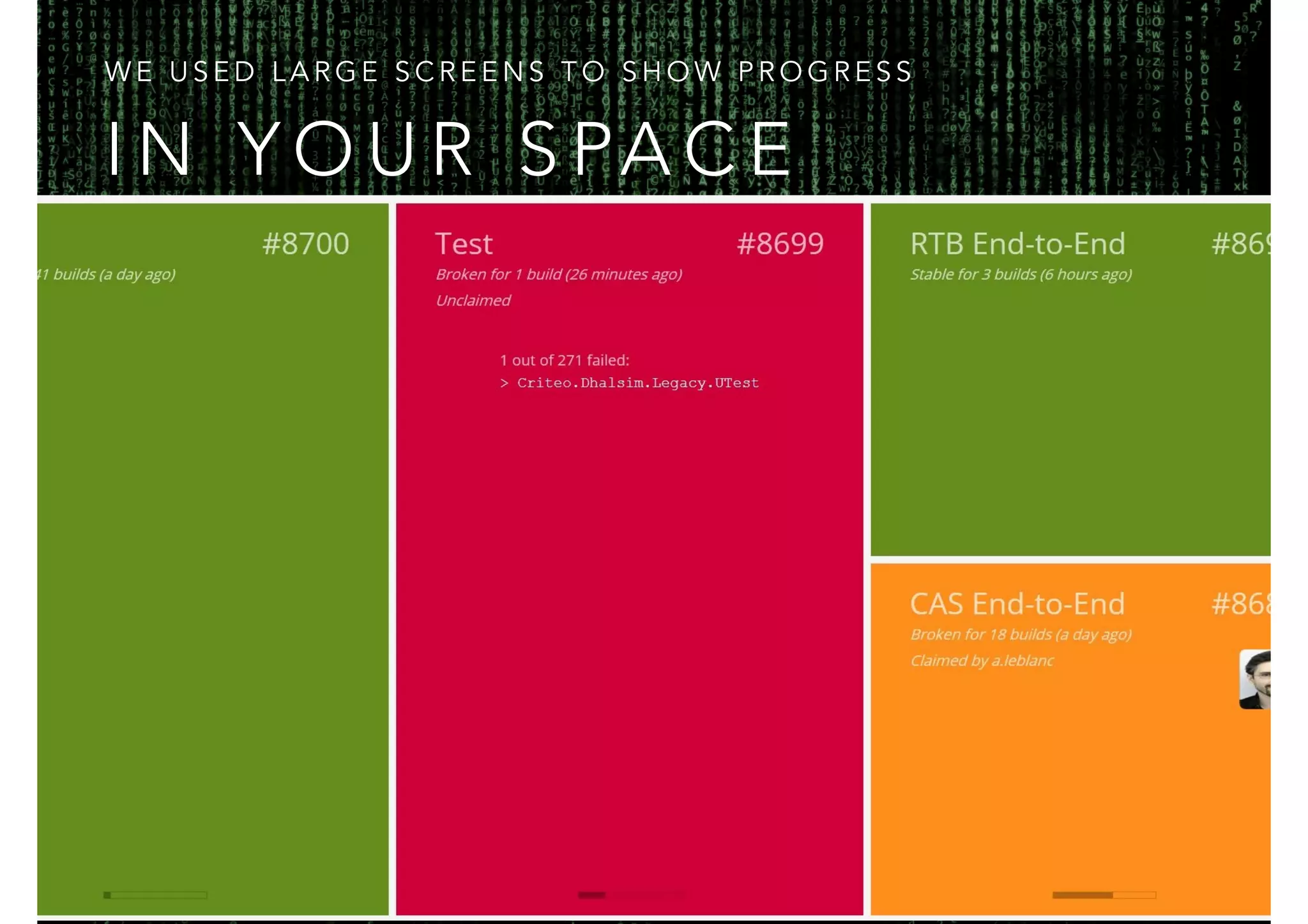 WE USED LARGE SCREENS TO SHOW PROGRESS 
IN YOUR SPACE 
 