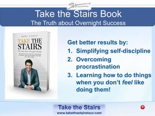 Take the Stairs Book
The Truth about Overnight Success
Get better results by:
1. Simplifying self-discipline
2. Overcoming
procrastination
3. Learning how to do things
when you don’t feel like
doing them!
 