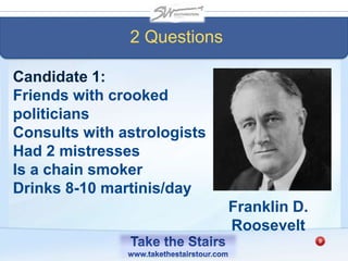 Candidate 1:
Friends with crooked
politicians
Consults with astrologists
Had 2 mistresses
Is a chain smoker
Drinks 8-10 martinis/day
2 Questions
Franklin D.
Roosevelt
 