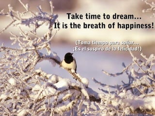 Take time to dream…Take time to dream…
It is the breath of happiness!It is the breath of happiness!
(Toma tiempo para soñar…(Toma tiempo para soñar…
¡Es el suspiro de la felicidad!)¡Es el suspiro de la felicidad!)
 