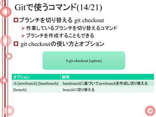 Gitで使うコマンド(14/21)
ブランチを切り替える git checkout
作業しているブランチを切り替えるコマンド
ブランチを作成することもできる
 git checkoutの使い方とオプション
42
$ git checkout [option]
オプション 説明
-b [newbranch] [basebranch] basebranchに基づいてnewbranchを作成し切り替える
[branch] branchに切り替える
 