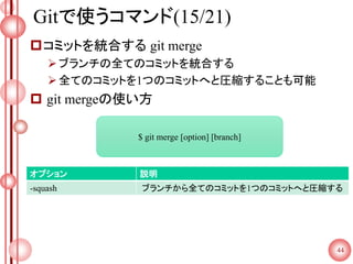 Gitで使うコマンド(15/21)
コミットを統合する git merge
ブランチの全てのコミットを統合する
全てのコミットを1つのコミットへと圧縮することも可能
 git mergeの使い方
44
$ git merge [option] [branch]
オプション 説明
-squash ブランチから全てのコミットを1つのコミットへと圧縮する
 