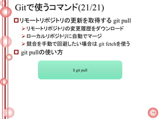 Gitで使うコマンド(21/21)
リモートリポジトリの更新を取得する git pull
リモートリポジトリの変更履歴をダウンロード
ローカルリポジトリに自動でマージ
競合を手動で回避したい場合は git fetchを使う
 git pullの使い方
59
$ git pull
 