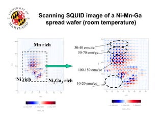 15 20 25 30 35 40 45 50
60
50
40
30
20
col
row
-2.50e+007 0.00e+000 2.50e+007
rho1_25_x
100-150 emu/cc
50-70 emu/cc
30-40 emu/cc
10-20 emu/cc
Scanning SQUID image of a Ni-Mn-Ga
spread wafer (room temperature)
0 13 25 38 50 63 75
80
60
40
20
0
col
row
-2.50e+007 0.00e+000 2.50e+007
rho1_25
Mn rich
Ni rich Ni2Ga3 rich
 