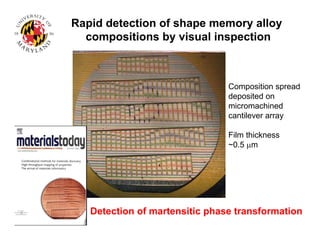 Rapid detection of shape memory alloy
compositions by visual inspection
Composition spread
deposited on
micromachined
cantilever array
Film thickness
~0.5 m
Detection of martensitic phase transformation
 