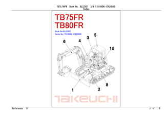 TB75/80FR Book No. BL2Z007 S/N 17810006-17820585
Index
Reference 0 ﾍﾟｰｼﾞ 0
TAKEUCHI
TB75FR
TB80FR
Book No.BL2Z007
Serial No.17810006-17820585
6 4
3
5
10
8
2
1
 