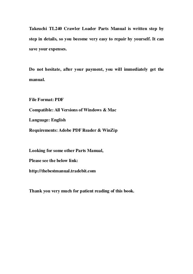 Takeuchi tl240 crawler loader parts manual instant download (sn 22400…