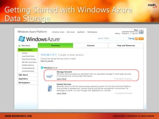 Developer ExperienceDeveloper ExperienceUse existing skills and toolsLeverage Existing Skills in .NET, SQL Server, WCFUse Familiar tools – Visual Studio, SSMSRESTful HTTP cloud services, supports PHP, PythonCloud apps can be developed locally / offlineSDK Cloud Simulator – Dev Fabric, Dev Storage