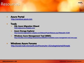 ConclusionYou are now Windows Azure savvy…You’ve seen Windows Azure in action…You’ve learned about the platform and its components and core servicesYou understand instance rolesYou know the tools you will need to beginYou’re excited to use this new technologyAnd you can hardly wait for session 2 on data…