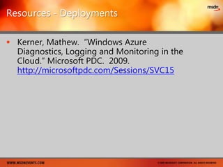 Database Migrations (Cont.)The SQL Azure Migration Wizard helps you migrate your local SQL Server 2005 / 2008 databases into SQL Azure. The wizard walks you through the selection of your SQL objects, creates SQL scripts suitable for SQL Azure, and allows you to migrate your data.”http://sqlazuremw.codeplex.com/