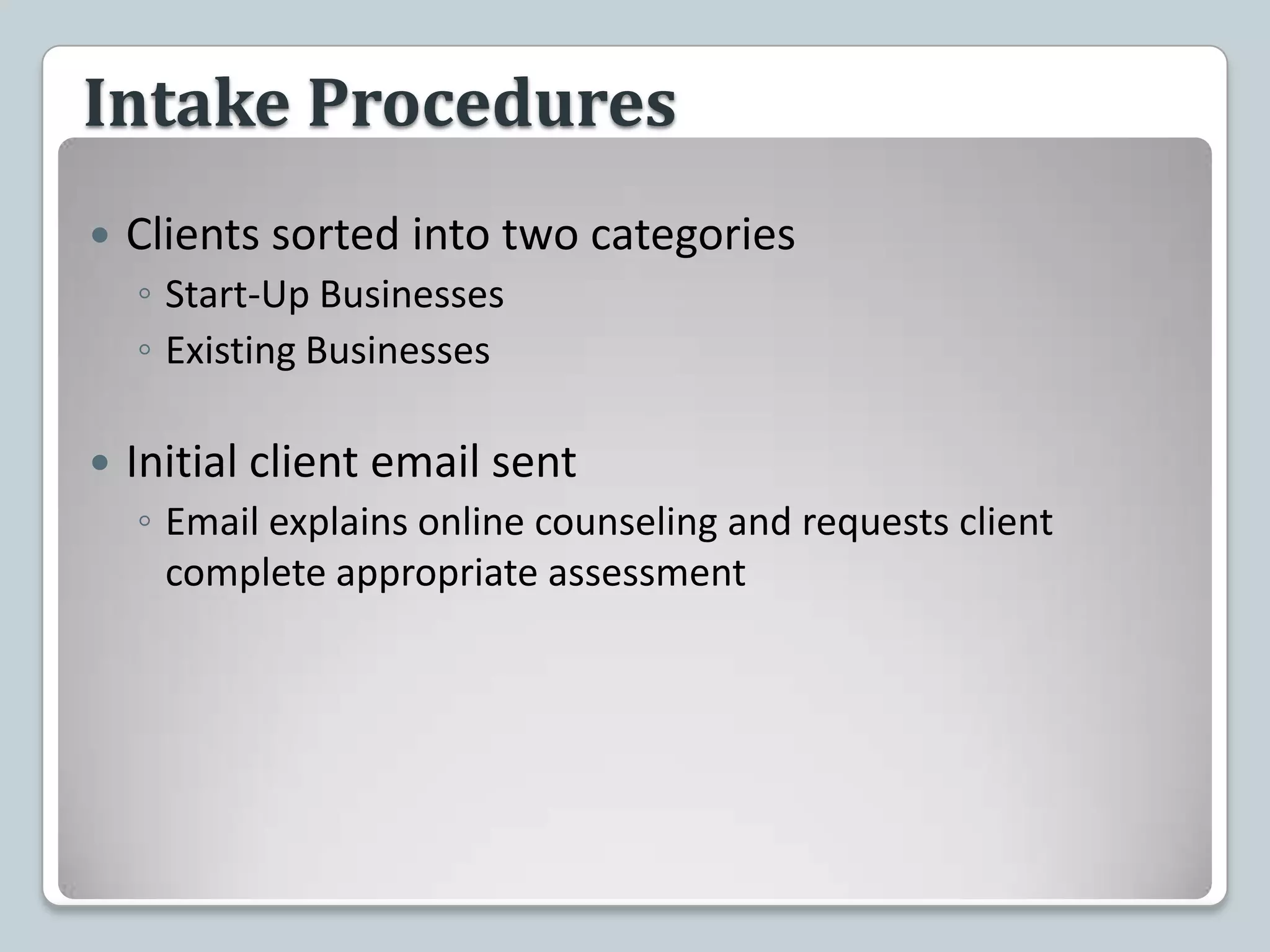 Intake ProceduresClients sorted into two categoriesStart-Up BusinessesExisting BusinessesInitial client email sentEmail explains online counseling and requests client complete appropriate assessment