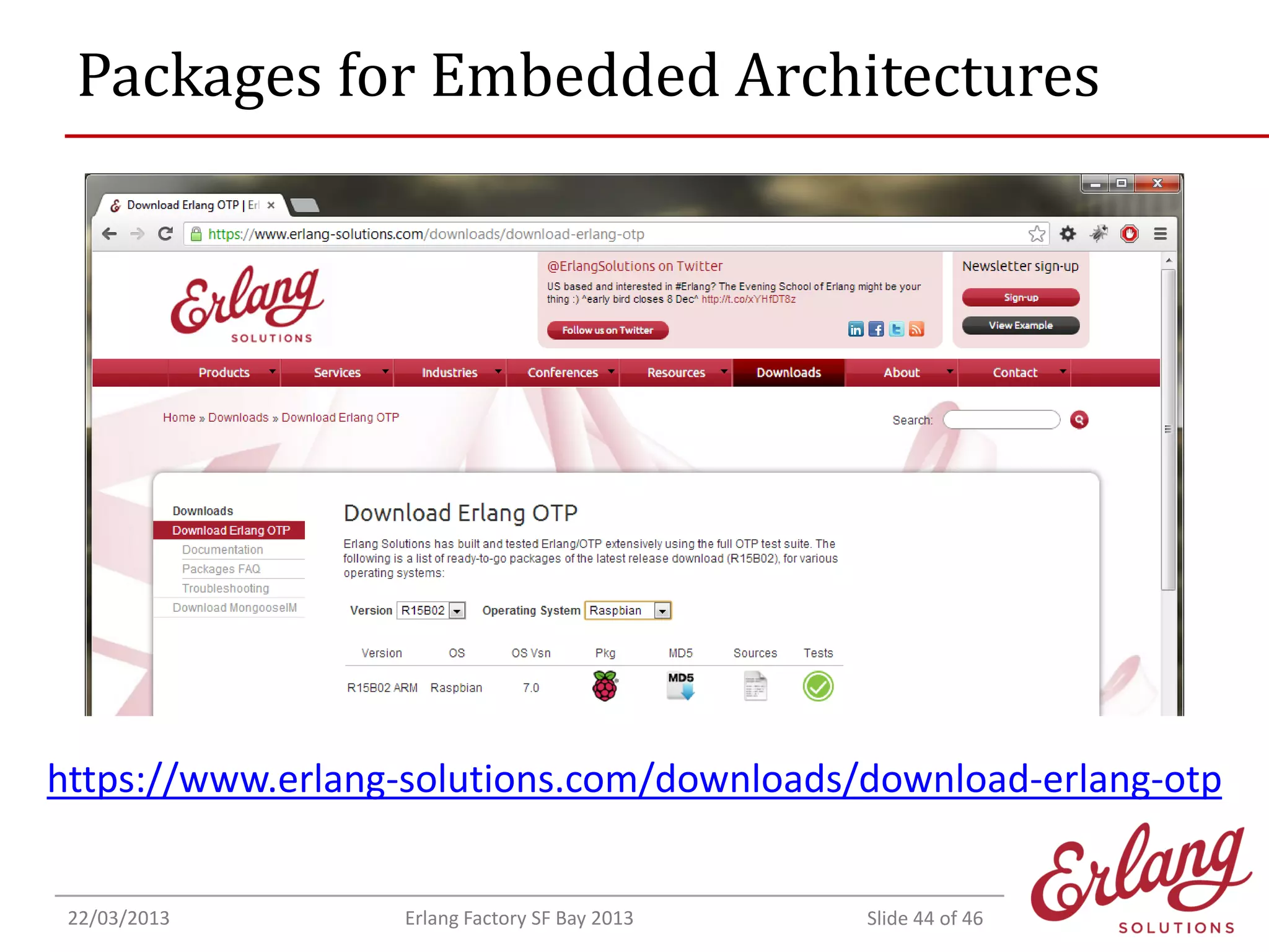 Packages for Embedded Architectures

https://www.erlang-solutions.com/downloads/download-erlang-otp

22/03/2013

Erlang Factory SF Bay 2013

Slide 44 of 46

 