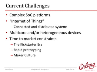 Current Challenges
• Complex SoC platforms
• “Internet of Things”
– Connected and distributed systems

• Multicore and/or heterogeneous devices
• Time to market constraints
– The Kickstarter Era
– Rapid prototyping
– Maker Culture

22/03/2013

Erlang Factory SF Bay 2013

Slide 5 of 46

 