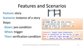 Features and Scenarios
Feature: story
Scenario: instance of a story
Steps:
Given: pre-condition
When: trigger
Then: verification condition

Feature: Logon
In order to use the chat server,
As a validated chat client,
I want to submit my credentials and
establish a session
Scenario: Submit Good
Given A connection to
When I send the Login
Then I should see the

Model Driven Development: Taking BDD/ATDD to the Next Level

Credentials
the server is open
message
"Hi Chatter" message

21

 