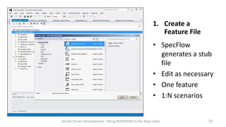 1. Create a
Feature File
• SpecFlow
generates a stub
file
• Edit as necessary
• One feature
• 1:N scenarios

Model Driven Development: Taking BDD/ATDD to the Next Level

23

 
