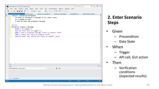 2. Enter Scenario
Steps
• Given
– Precondition
– Data State

• When
– Trigger
– API call, GUI action

• Then
– Verification
conditions
(expected results)
Model Driven Development: Taking BDD/ATDD to the Next Level

24

 