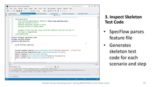 3. Inspect Skeleton
Test Code

• SpecFlow parses
feature file
• Generates
skeleton test
code for each
scenario and step

Model Driven Development: Taking BDD/ATDD to the Next Level

25

 
