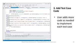 3. Add Test Case
Code
• User adds more
code as needed
to implement
each test case

Model Driven Development: Taking BDD/ATDD to the Next Level

26

 
