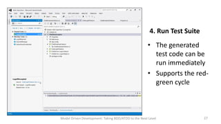 4. Run Test Suite
• The generated
test code can be
run immediately
• Supports the redgreen cycle

Model Driven Development: Taking BDD/ATDD to the Next Level

27

 