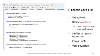 3. Create Cord File
• Set options
• Define machines
– Limits Actions used
in an exploration

• Similar to regular
expression
• Composable
• Very powerful!
Model Driven Development: Taking BDD/ATDD to the Next Level

41

 
