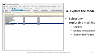 4. Explore the Model
• Select any
explorable machine
– Explore
– Generate test suite
– Run on-the-fly test

Model Driven Development: Taking BDD/ATDD to the Next Level

42

 