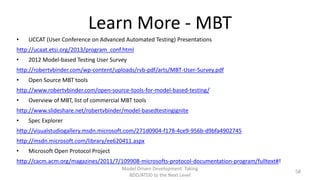Learn More - MBT
•

UCCAT (User Conference on Advanced Automated Testing) Presentations

http://ucaat.etsi.org/2013/program_conf.html
•

2012 Model-based Testing User Survey

http://robertvbinder.com/wp-content/uploads/rvb-pdf/arts/MBT-User-Survey.pdf
•

Open Source MBT tools

http://www.robertvbinder.com/open-source-tools-for-model-based-testing/
•

Overview of MBT, list of commercial MBT tools

http://www.slideshare.net/robertvbinder/model-basedtestingignite
•

Spec Explorer

http://visualstudiogallery.msdn.microsoft.com/271d0904-f178-4ce9-956b-d9bfa4902745
http://msdn.microsoft.com/library/ee620411.aspx

•

Microsoft Open Protocol Project

http://cacm.acm.org/magazines/2011/7/109908-microsofts-protocol-documentation-program/fulltext#!
Model Driven Development: Taking
BDD/ATDD to the Next Level

58

 
