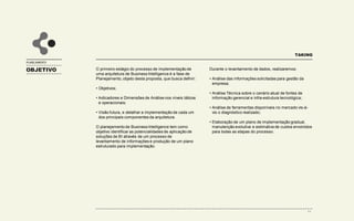 O primeiro estágio do processo de implementação de uma
arquitetura de Business Intelligence é a fase de Planejamento.
TAKING
PLANEJAMENTO
BUSINESS INTELLIGENCE
Planejamento
BI
Organizar o
Projeto
Alinha
Conceitos
Requisitos
Técnicos
Funcionais
Modelo
Conceitual
Analisar
Soluções
Analisar
Magritude da
Mudança
Business Case
Plano de
Investimento
NegóciosTecnologia
Plano
Detalhado de
Implementação
Gestão
 