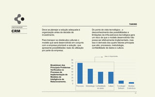 CONTEXTUALIZAÇÃO
TAKING
CRM
Do ponto de vista tecnológico , o
desconhecimento das possibilidades e
limitações da infra-estrutura tecnológica gera
um risco de que o modelo desenvolvido não
possa ser efetivamente implementado, mas
isso é derivado dos quatro fatores principais
que são: processos, metodologia,
confiabilidade de dados e cultura.
0
10
20
30
40
50
60
70
80
Processos Metodologia Confiabilidade
de dados
Cultura Tecnologia/
Software
Modelos
Estatísticos
Isso é importante.
10
Deve se planejar a solução adequada à
organização antes da decisão de
investimento.
Para transpor os obstáculos culturais o
modelo que será desenvolvido em conjunto
com a empresa priorizará a solução que
apresente possibilidades reais de utilização
por parte da empresa;
Breakdown dos
Principais Problemas
Verificados no
Processo de
Implementação de
Modelos de
Inteligência de
Relacionamento.
 