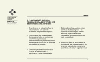 ESCOPO DO PROJETO DE
DESENHO DO CRM
OPERACIONAL
TAKING
• Entendimento de toda a interface de
relacionamento com o cliente
atualmente em prática na empresa;
• Levantamento das necessidades e
demandas de todos os profissionais
envolvidos no processo e
estabelecimento de prioridades destas
demandas de acordo com as diretrizes
estratégicas da empresa;
• Demonstração de Benchmarks e de
Práticas de Mercado para o
atendimento a estas necessidades;
ETAPAS DO
PLANEJAMENTO
17
• Elaboração do Gap Analysis entre a
estrutura atual da empresa e os
objetivos levantados para estimar
esforços, impactos e recursos
necessários para o atendimento de
cada necessidade;
• Propor um plano de ação gradual e
incremental, que esteja ao alcance da
empresa, seja viável e prontamente
assimilado pela cultura organizacional.
O PLANEJAMENTO QUE SERÁ
REALIZADO SERÁ CONSTITUÍDO NAS
SEGUINTES MACRO ATIVIDADES
 