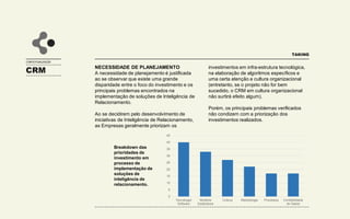 CONTEXTUALIZAÇÃO
TAKING
CRM
NECESSIDADE DE PLANEJAMENTO
A necessidade de planejamento é justificada
ao se observar que existe uma grande
disparidade entre o foco do investimento e os
principais problemas encontrados na
implementação de soluções de Inteligência de
Relacionamento.
Ao se decidirem pelo desenvolvimento de
iniciativas de Inteligência de Relacionamento,
as Empresas geralmente priorizam os
Breakdown das
prioridades de
investimento em
processo de
implementação de
soluções de
inteligência de
relacionamento.
0
5
10
15
20
25
30
35
40
45
Tecnologia/
Software
Modelos
Estatísticos
Cultura Metodologia Processos Confiabilidade
de Dados
investimentos em infra-estrutura tecnológica,
na elaboração de algoritmos específicos e
uma certa atenção a cultura organizacional
(entretanto, se o projeto não for bem
sucedido, o CRM em cultura organizacional
não surtirá efeito algum).
Porém, os principais problemas verificados
não condizem com a priorização dos
investimentos realizados.
 