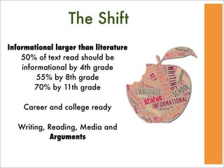 The Shift
Informational larger than literature
    50% of text read should be
    informational by 4th grade
         55% by 8th grade
        70% by 11th grade

    Career and college ready

   Writing, Reading, Media and
             Arguments
 